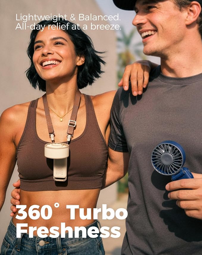 Diveblues Portable Handheld Fan D6036 Cream | 7.4m/s High Speed Turbo, 180° Foldable 4-in-1, Personal Neck Fan with Carabiner Clip, 100 Speed Stepless Control - Image 6
