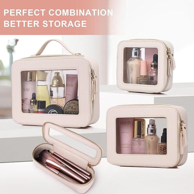 Pinkmik Clear Makeup Bag, (Beige, L+M+MINI) | Waterproof, Travel Case for Cosmetics and Toiletries, Women's Purse Organizer, Clear Car Bag with Zipper - Image 7