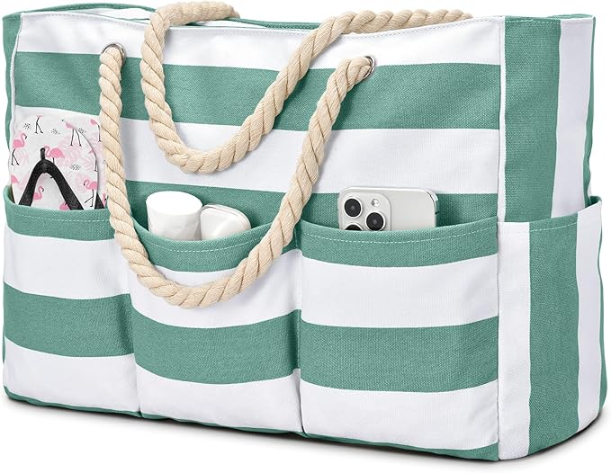 Becokan Beach Bags for Women Canvas Large Beach Tote Bag Zipper Waterproof Sandproof Foldable Swim Pool Bag with 7 Pockets by BecokanBeachBagSpecialist