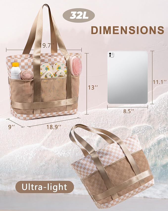 Large Beach Tote Pool Swim Bag for Women Sandproof with Wet Compartment | Waterproof 8 Multi-Pockets | Zipper Closure | Ideal for Travel, Cruise, Vacation, Picnic | Light & Quick-Dry Mesh - Image 3