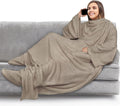 PAVILIA Fleece Blanket with Sleeves, Foot Pockets for Women Men Adults, Plush Wearable Blanket Throw Wrap, Warm Snuggle Blanket Robe, Cozy Gift Ideas Wife Mom, Taupe Beige by PAVILIA