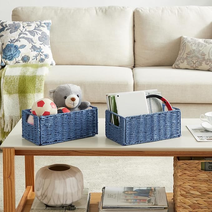Wicker Storage Basket, Set of 2 Hand-Woven Paper Rope Wicker Basket, Small Storage Baskets for Organizing Toilet Paper Basket, Foldable Large Cube Storage Organizer Bins for Shelves (Blue) - Image 2