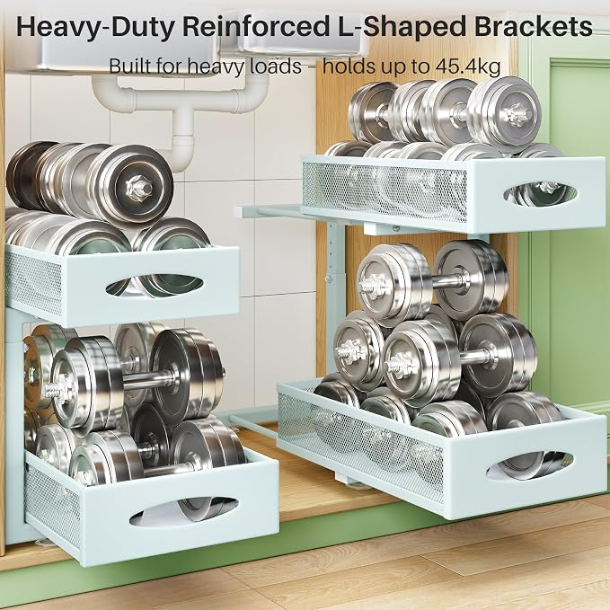 2 Pack Under Sink Organizer, 2 Tier Pull out Cabinet Organizer Mesh Baskets with 5 Adjustable Heights, Sliding Drawers Storage Shelf for Home, Kitchen, Bathroom, Pantry, Office, Countertop ,Blue - Image 5