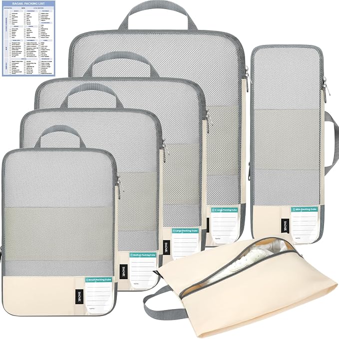 BAGAIL Lightweight Compression Packing Cubes for Travel, 6 Set, Beige | Salis Nylon Fabric,Anti-Tearing,Save Space,SBS Zippers,Packing List,PVC Tag Pocket,Custom Labels,Visible Mesh,Portable Handel by BAGAIL