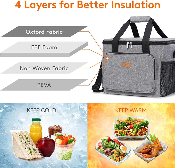 Lifewit Large Lunch Bag, Insulated Lunch Box, Soft Cooler Cooling Tote for Adult Men Women, Gray 40-Can (24L) - Image 2