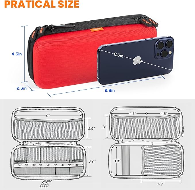Red Double-Layer Hard Carrying Case, Electronics Organizer Travel Pouch | Multi-Pocket Zipper Tech Bag for Charger, Power Bank, Phone, USB Flash Drive, Cord, Cable - Image 3