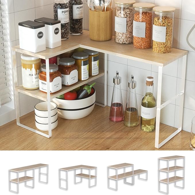 Golener Kitchen Counter Organizer, Countertop Shelf, Adjustable, Stackable | Kitchen Countertop Organizer, Spice Rack, 2-Tier Countertop Shelves, Corner Desk Shelf, Corner Counter Shelf, Natural Beige by Golener