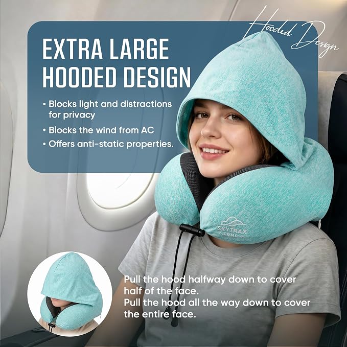 SkytraxComf® Travel Neck Pillow with Hood for Privacy on Long Flights | Memory Foam | Airplane Sleep | Safety-Tested Materials | Extra Large Hood | Chin Support | Earplugs | Washable Cover - Image 2
