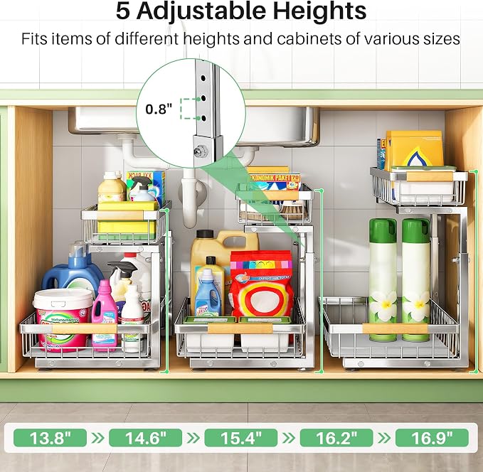 Kitstorack Under Sink Organizer, 2 Tier Under the Sink Storage, Slide out Pull out Cabinet Organizer Shelf, Metal Sliding Drawer for Kitchen Bathroom Pantry Closet Organization Rack, Silver, 2 Pack - Image 6