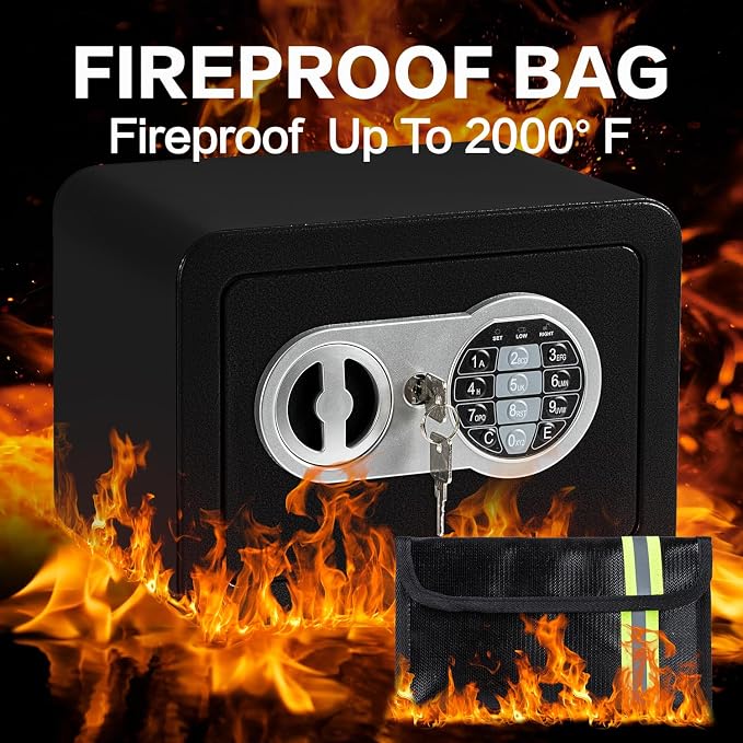 0.23 Cubic Feet Safe Box, Small Safe W/Fireproof Bag, Keys & Pass Code, Digital Electronic Security Money Box for Cash, Document, Home, Office, Hotel Use, Black, 6.69"D x 9.06"W x 6.69"H - Image 2