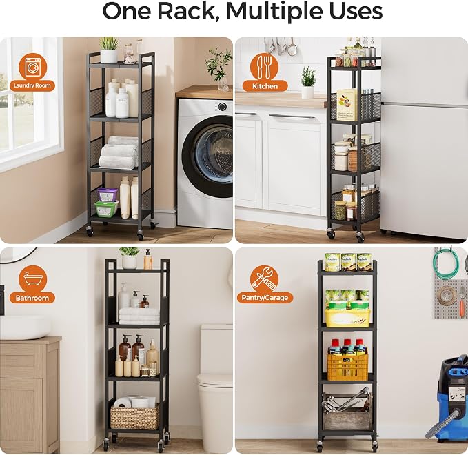4-Tier Expandable Storage Shelving Unit,Slim Storage Cart,Metal | Adjustable Width 8.3" to 12.6", Bathroom Shelves, Narrow Shelf,Rolling Utility Cart, for Laundry, Bathroom,Small Spaces Black - Image 8