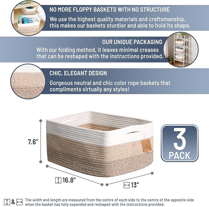 NaturalCozy Storage Baskets 16.8”x13”x7.6” Cotton Rope Woven Baskets for Organizing 3-Pack | Toy Storage Bins | Basket for Shelves, Laundry, Blanket, Clothes, Closet, Kitchen, Bathroom, Gifts - Image 2