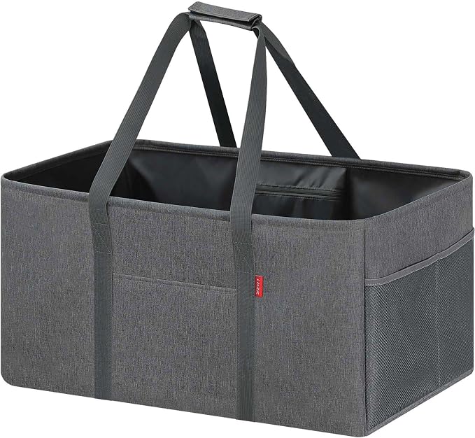 LHZK Standing Extra Large Utility Tote Bag with Metal Wire Frame and the Sides Rinforced, Extra Large Tote Bag with Handle, Reusable Grocery Bags Foldable, Beach Bag, Car Tote (Gray, 26''x15''x13'') by LHZK