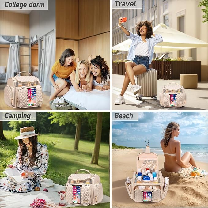 Large Leather Toiletry Bag for Women Men,Bathroom Bag,Water Resistant Shower Bag,Makeup Bag,Portable Shower Caddy for College Dorm,Hanging Travel Toiletry Bag with Transparent Waterproof Phone Pocket - Image 7