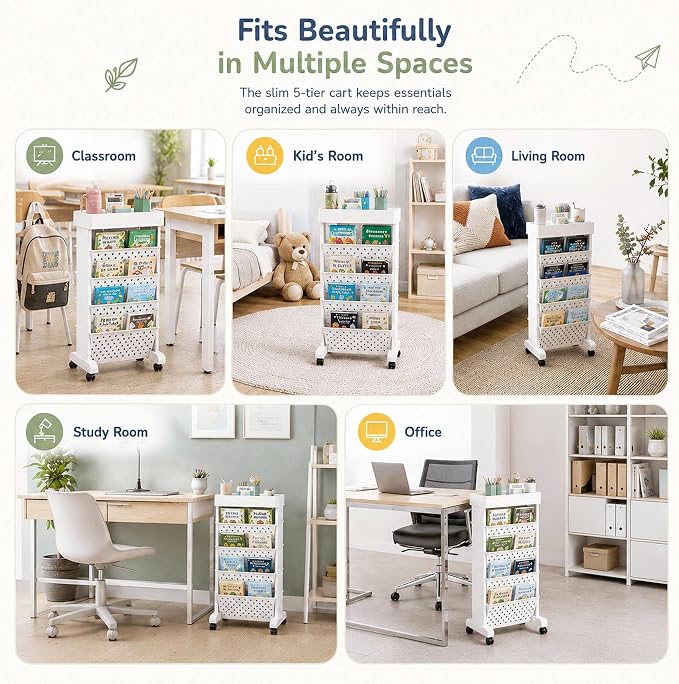 5-Tier Rolling Bookshelf Cart with Wheels, White | Slim Mobile Book Cart, Plastic Magazine Rack Rolling File Paper Organizer for Home Office Study Classroom Living Room - Image 7