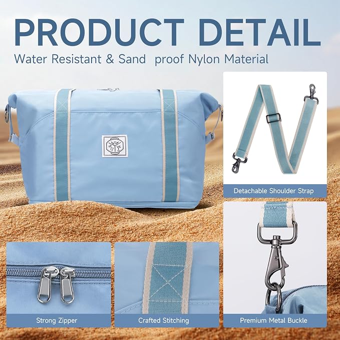 WALNEW Travel Duffel Bag, Weekender Bag for Women, Light Blue | Overnight Carry On Bag, Foldable Waterproof Gym Luggage with Metal Buckle Detachable Shoulder Strap and Wet Compartment - Image 4