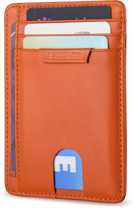 Buffway Slim Wallet for Men Women Minimalist Small Leather Front Pocket Wallets with RFID Blocking and Gifts Box - Bassa Orange by Buffway