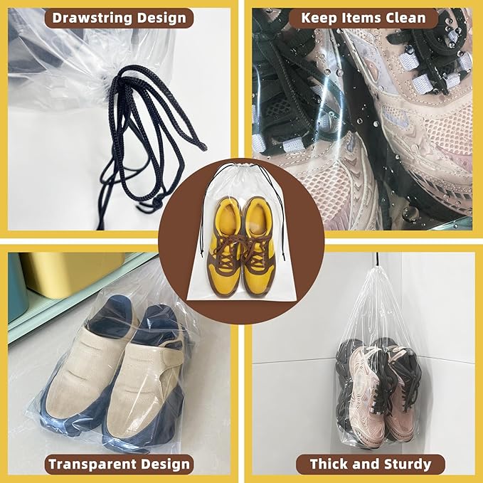 LazyMe Clear Large Shoe Bags for Travel, 12 x 18 Inch, 100 Pack | Waterproof Drawstring Shoe Bags, Large Shoe Storage Bags, Packing Bags for Travel Essentials, Men and Women - Image 3