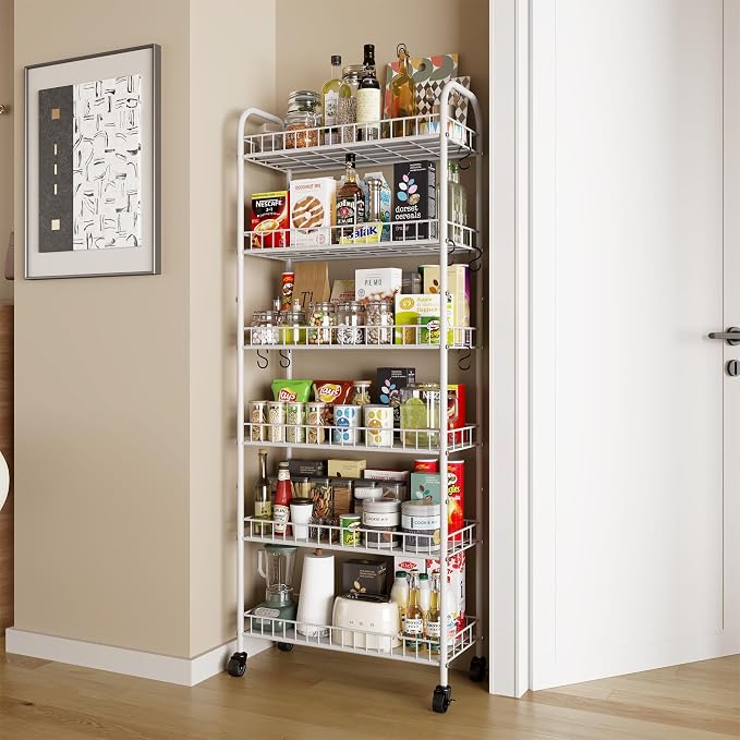 6 Tier Slim Rolling Storage Cart with Wheels, Metal Mobile Shelving Unit Organizer Utility Cart for Office Bathroom Kitchen Laundry Room Narrow Places (White 10 Inches) - Image 3