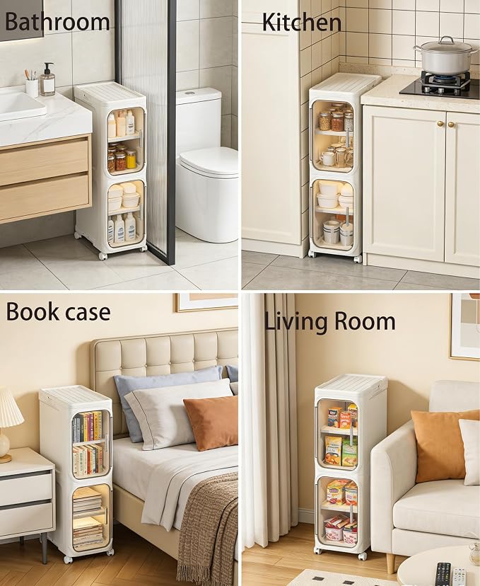 2-Tier Narrow Storage Cabinet Slim Bathroom Skinny Organizer with Wheels | Slim Storage Cabinet with Lockable Rolling Wheels Adjustable Detachable Shelves Snap Assembly for Small Spaces,Snow White - Image 3