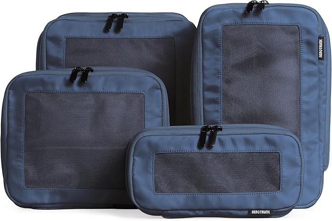 Compression Packing Cubes for Travel, 4-Pack, Dark Blue | Solves overpacking, 4-Piece set fits most carry-ons, 50% Space savings, Compression luggage organizer bags by Aerotrunk