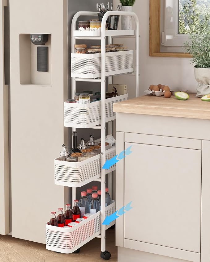 UMDONX 5-Tier Narrow Mobile Storage Cart with Pull-Out Baskets | The Multifunctional Pull-out Storage Rack Is Suitable for Bathrooms, Kitchens, and Laundry Rooms by UMDONXBuyNow