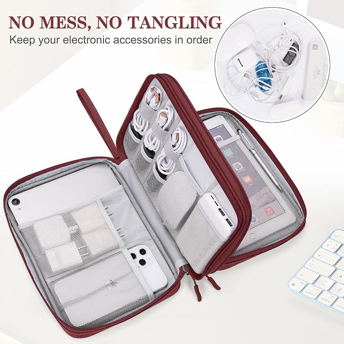 FYY Electronic Organizer, Travel Tech Pouch Bag, Extra Large, Wine Red | Wrist Strap, Waterproof, Double Layers Electronics Travel Case for iPad, Cord, Laptop Charger, Daily and Business Trips Use - Image 5