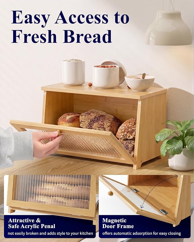 Kitsure Wooden Bread Box for Kitchen Countertop, 1-Tier, Bamboo | Large Capacity Kitchen Countertop Organizer, Stylish Bread Storage with Window, Multi-functional Container - Image 4