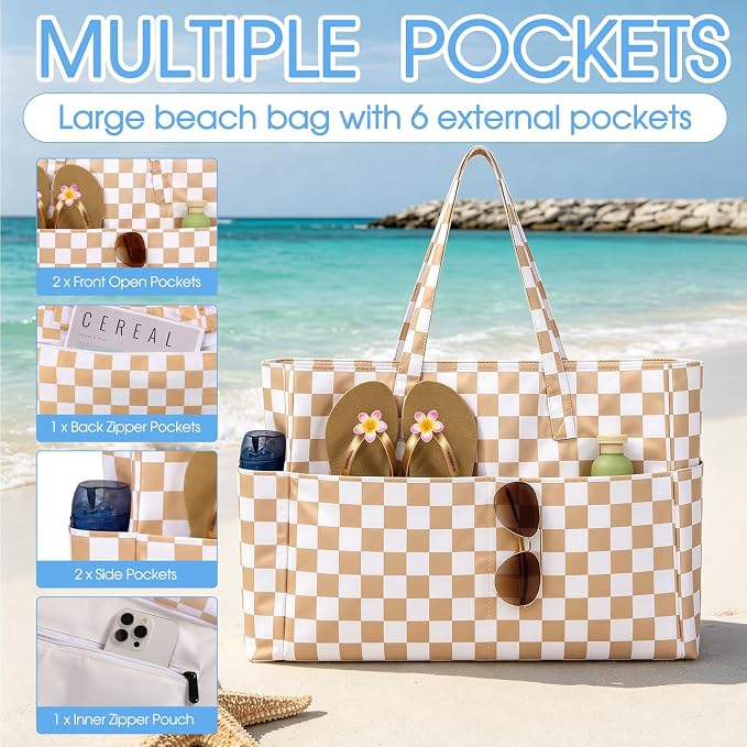 JATEBI Beach Bag with Makeup Pouch for Women | Waterproof Pool Tote Bags with Wet Compartment for Swim Shopping Travel, Zipper, Wet Compartment, 5 Pockets - Image 5