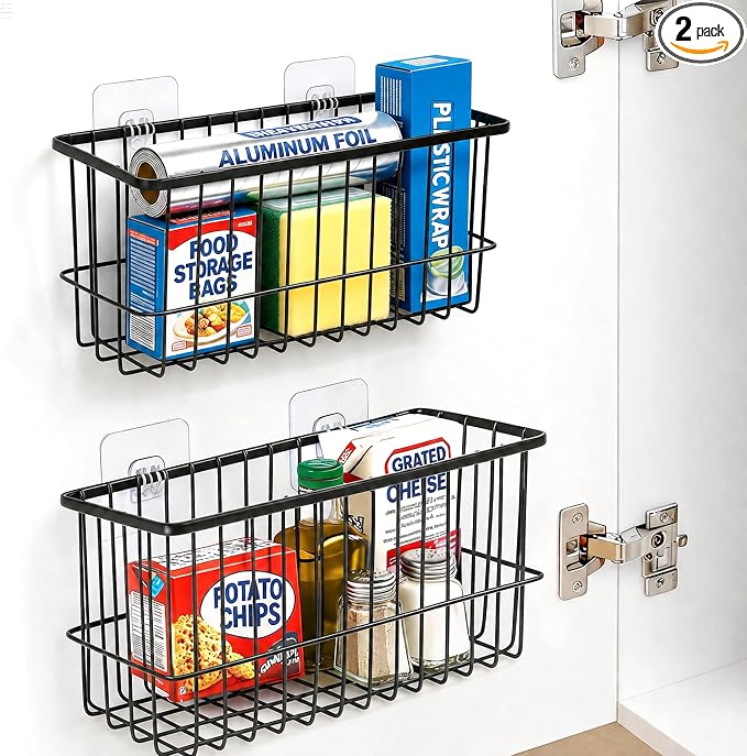 2 Pack Cabinet Door Organizer, Adhesive Wall Mounted Storage Basket for Food Container & Tumbler Lids, Kitchen Storage Organizer for Inside Cabinet Doors, Pantry, Bathroom, Refrigerator & RV by MZYIWUU