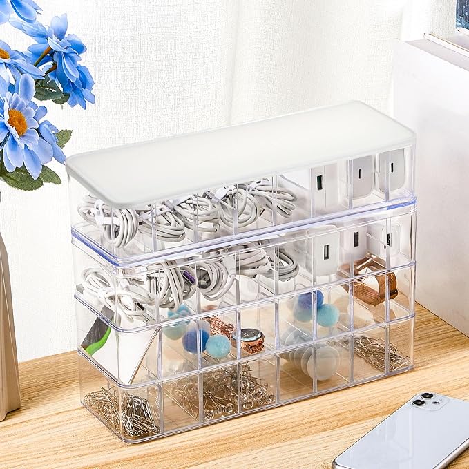 Tatuo 1 Pcs Cord Organizer for Drawer Desktop, Cable Organizer Box with 8 Compartments and Wire Ties, Plastic Charger Storage with Lid, Electronics Case for Home Office Accessories (Small,Clear,White) - Image 6