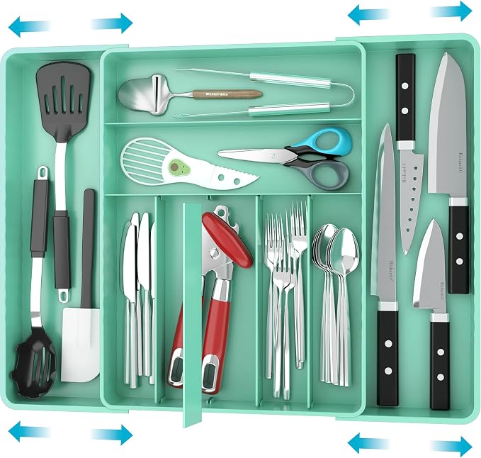 Simple Houseware Expandable Kitchen Drawer Flatware Organizer, Turquoise | Expandable & Adjustable Cutlery Drawer Organizer - Large Utensil and Flatware Tray for Kitchen Drawers by SimpleHouseware