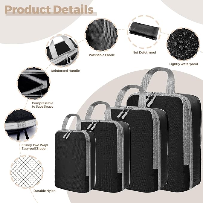 LANSKLBD 4/6/8 Set Packing Cubes for Suitcases Travel Luggage Packing Organizers,Travel Accessories Essentials Luggage Organizer with Shoe/Tioletry/Laundry Bag (Black, 4 set) - Image 5