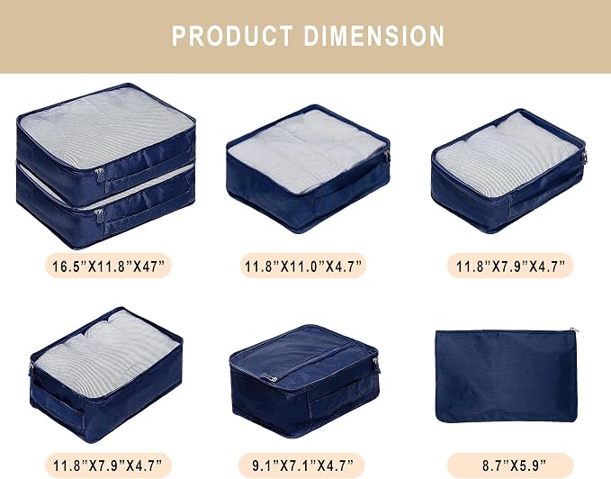 Vercord 7 Set Travel Packing Organizers Cubes Luggage Suitcase Organizer Bags Clothes Underwear Cube Shoe Pouch Pack Dark Blue - Image 2