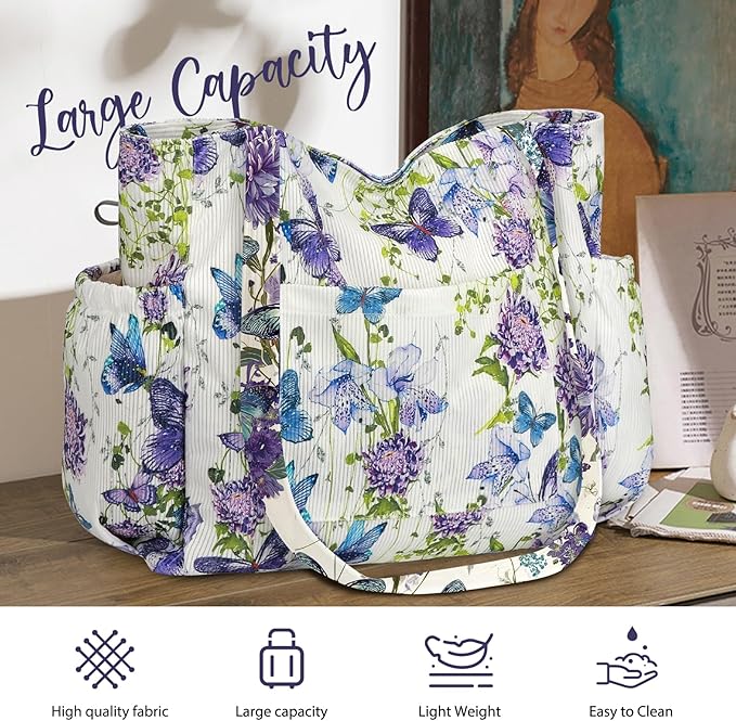 Corduroy Tote Bag for Women,Large Capacity Cute Tote Bags With 6 Pockets,Crossbody Shoulder Handbag for Work Travel Gym - Image 4