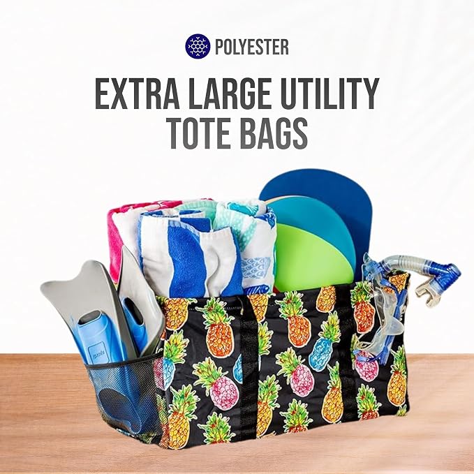 Extra Large Utility Tote Bag - Oversized Collapsible Reusable Wire Frame Rectangular Canvas Basket With Two Exterior Pockets For Beach, Pool, Laundry, Car Trunk, Storage - Pineapple - Image 8