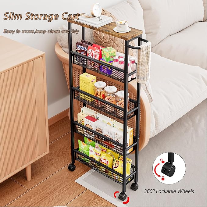 Slim Rolling Cart 5 Tier Narrow Storage Cart on Wheels with Handle | Lockable Wheels, Wood Top Panel, Metal Frame Utility Carts for Kitchen, Dining, Living, Home Office, Laundry Room - Image 4