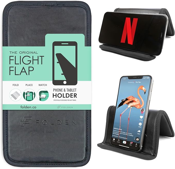 Airplane Phone Holder - Foldable Phone Stand for Plane Travel | Vegan Leather, Tabletop Mount Desk, Plane Tray Seat back, Treadmill, Fits iPhone Cell Phone, 9 x 4.3 in by FlightFlapbyFolden