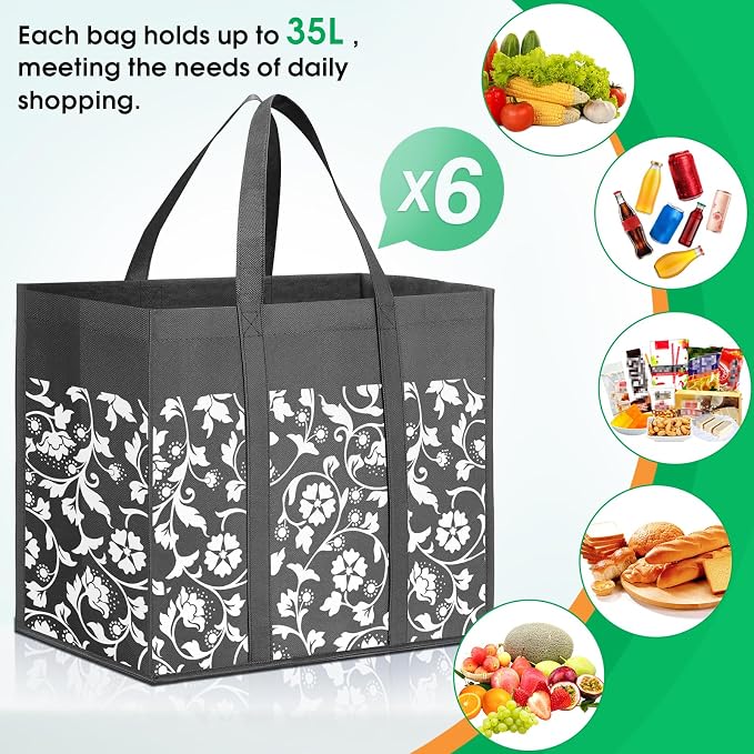 Reusable Grocery Bags Foldable Tote Bags bulk Shopping Bags 6-Pack, Grey | Reinforced Handles Shopping Bags for Groceries Heavy Duty Kitchen Reusable Grocery Bags with Waterproof Coating - Image 5