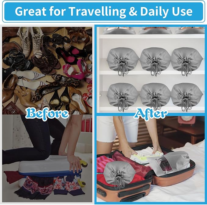Grey Travel Shoe Bags - 10 Pcs Non-Woven Packing Bags with Clear Window | 15.7" x 11.8" Waterproof Dustproof Portable Travel Shoe Storage Bag for Men and Women - Image 5