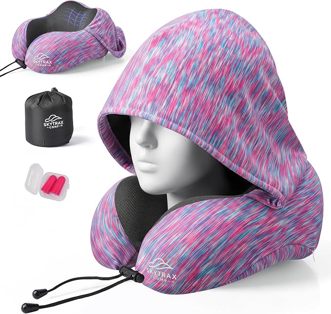 SkytraxComf® Travel Neck Pillow with Hood for Privacy on Long Flights | Memory Foam | Airplane Sleep | Safety-Tested Materials | Extra Large Hood | Chin Support | Earplugs | Washable Cover by SKYTRAXCOMF