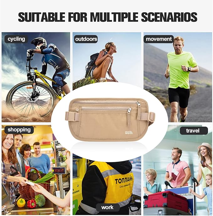 Unisex Money Belt For Men and Women, Slim Passport Holder RFID Blocking Travel Essentials Pouch with Adjustable Strap Small Waist Pouch for Workout Running Travelling Hiking (Beige 2 Packs) - Image 7