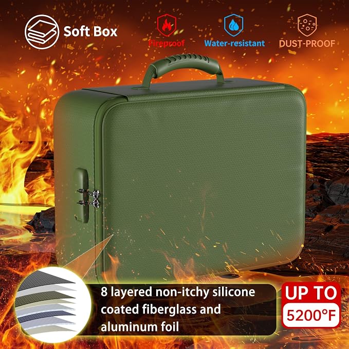 DocSafe 5200°F Fireproof Document Organizer Box with Lock, Green (Soft) | Heat Insulated 8 Layers File Protection Bag,Water-Resistant Zipper,Portable Home Office Travel Safe Storage for Files,Laptop - Image 2