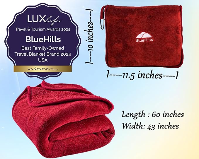 BlueHills Premium Soft Travel Blanket Pillow Airplane 2 in 1 Combo Warm Red | Long Flights, Packed in Soft Bag/Pillowcase, Luggage Belt and Backpack Clip, Compact Traveler Essentials Lightweight Red T001 - Image 5