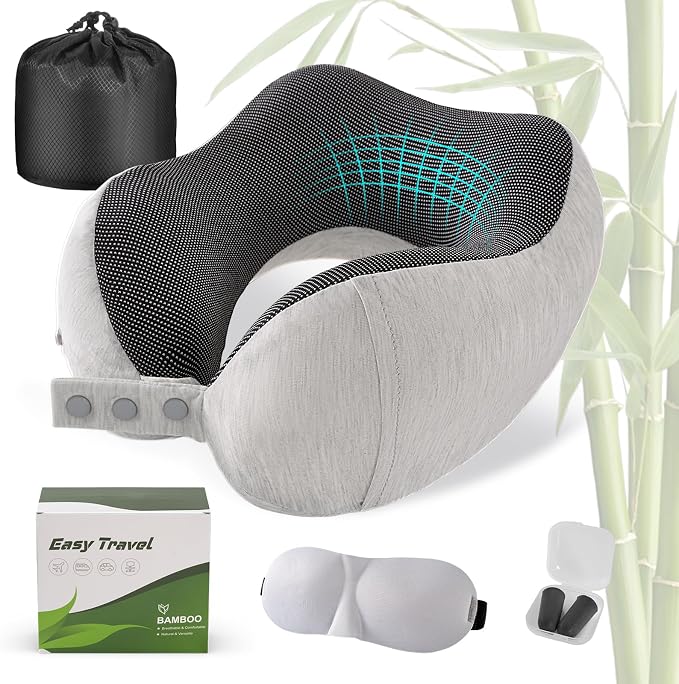 Cirorld Neck Pillow for Traveling, Travel Pillows for Airplanes,100% Pure Memory Foam Travel Neck Pillow, Adjustable Flight Pillow, Portable Plane Accessories with Eye Mask, Earplugs, Carry Bag by CIRORLD