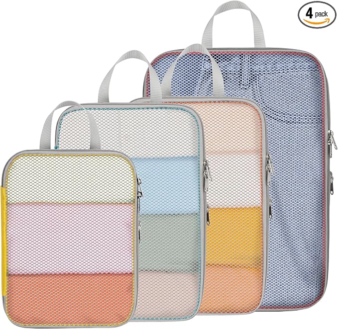 Cambond Mesh Compression Packing Cubes for Travel - 4 Set, Multi-color | Keep Clothes Sorted, See Through Mesh helps quickly find what you need, Compression Zip Design, Lightweight, Luggage Tidy by Cambond
