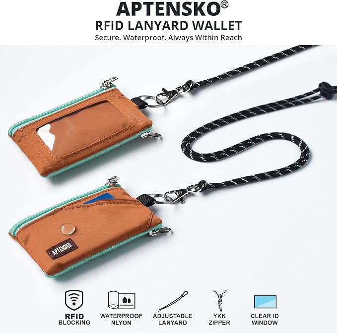 RFID Blocking Travel Wallet with Adjustable Lanyard, Small Nylon Zipper Pouch and Badge Holder for ID, Credit Cards, Cash, Keys, Commuters (Rust) - Image 2