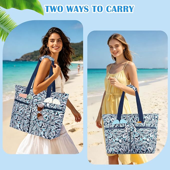 HUANLANG Large Beach Bags for Women Pool Bag with Zipper, Waterproof Sandproof Beach Tote Travel Bag with Wet Pocket - Image 9