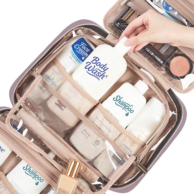 NISHEL Travel Toiletry Bag for women, Portable Hanging makeup Organizer | for Travel-Sized Shampoo, Conditioner, Brushes Set, makeup Accessories, Large Size, Peach Pink - Image 5