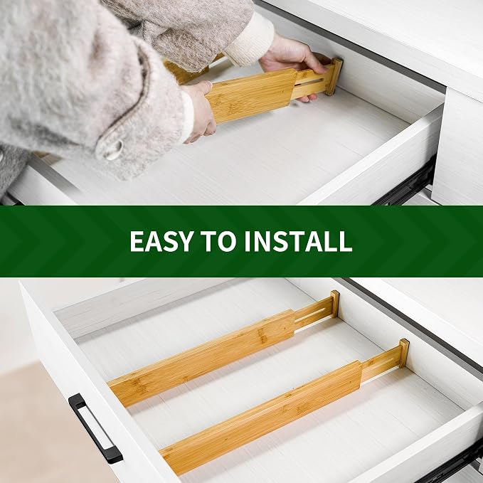VaeFae 12-Pack Adjustable Bamboo Drawer Dividers, Expandable Drawer Organizer for Kitchen Utensils, Clothes, Bathroom, Office – Fits Drawer Interiors 16.6" to 21.8" - Image 5